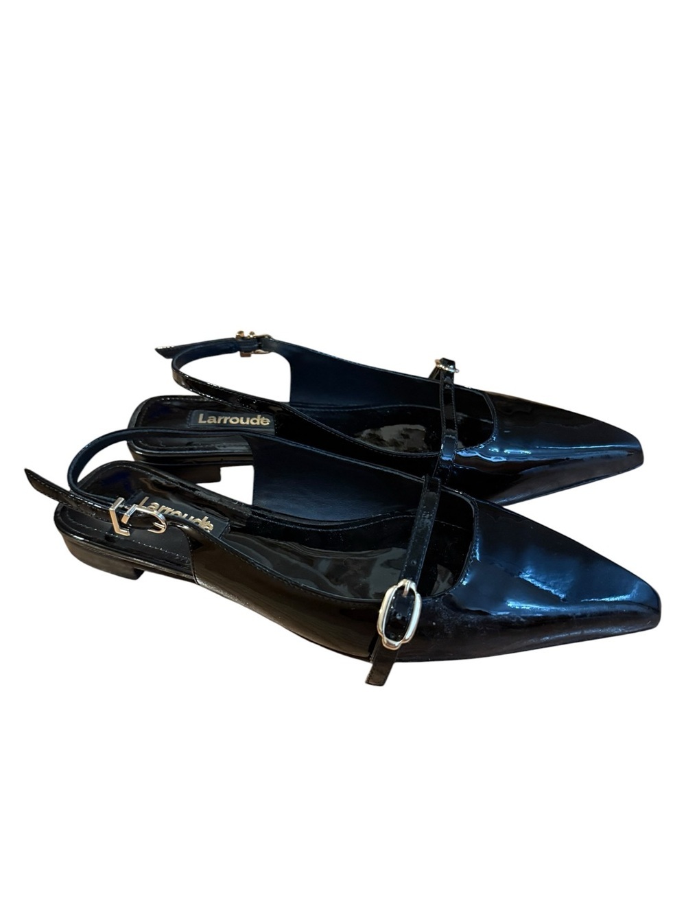 Larroude Ines Black Patent Leather Slingback Flat Mary Jane Strap Size 6